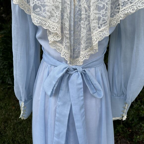 70s Candi Jones California Vintage Prairie Maxi Blue Lace High Neck Long 9 - Picture 10 of 14